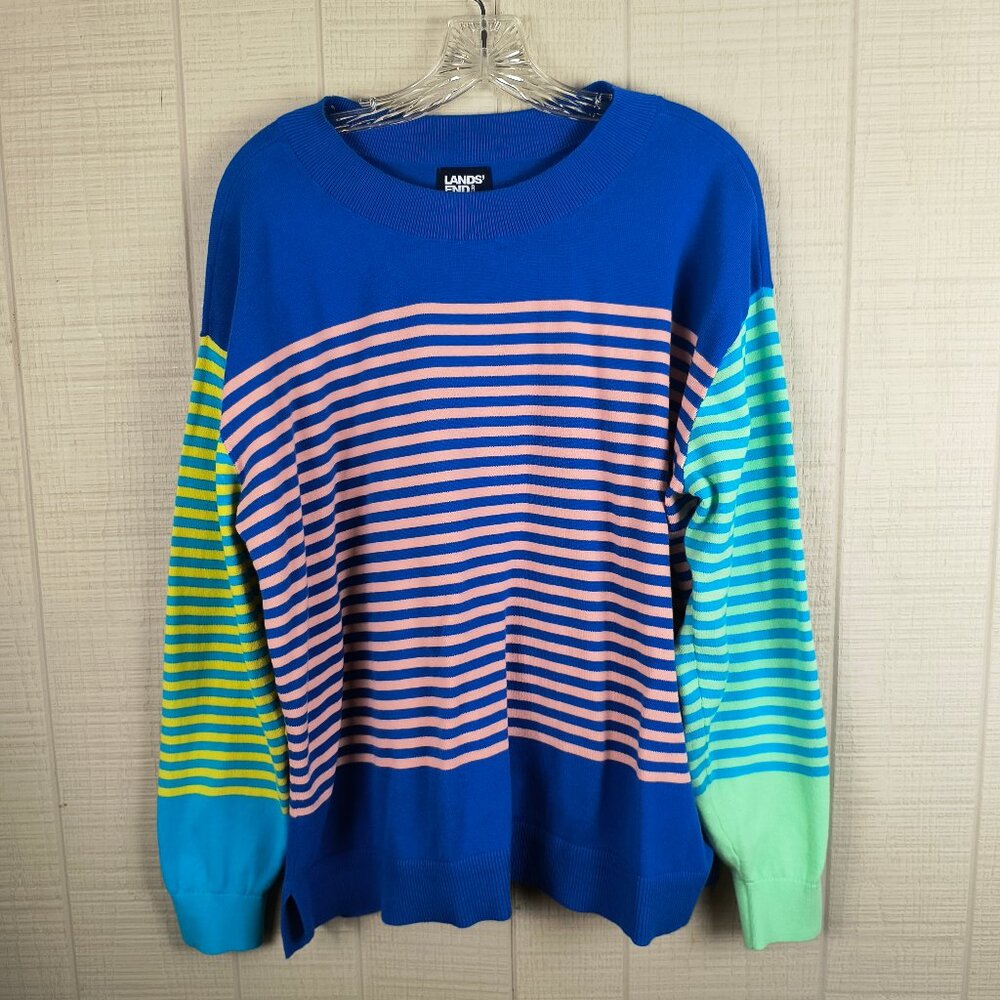 Lands' End Multi Color Striped Sweater Cotton XL Color Block